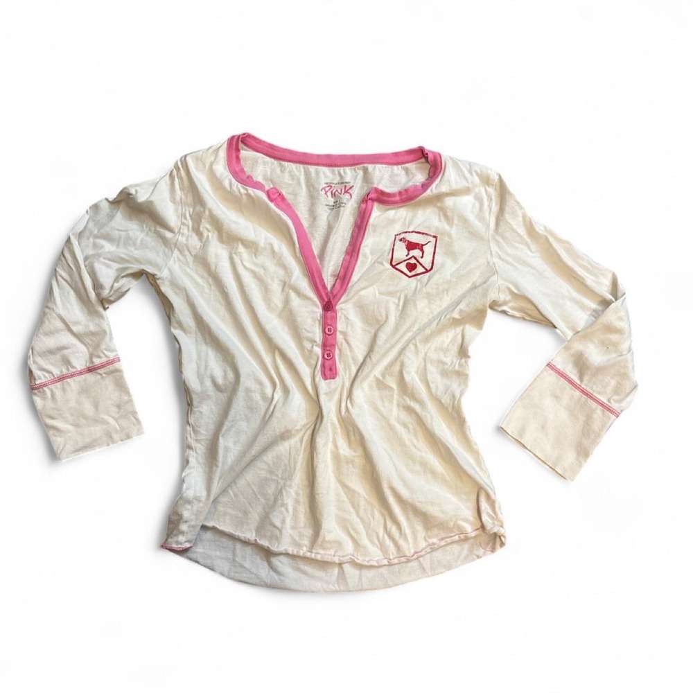 Vintage Y2K 2005 Victoria's Secret PINK Henley Top L White Pink Logo